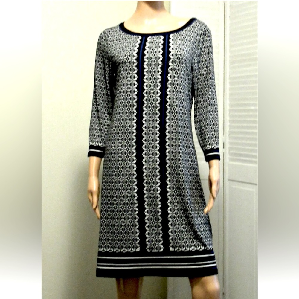 Max Studio Size Medium Black Blue and White patterned Dress Womens NWT